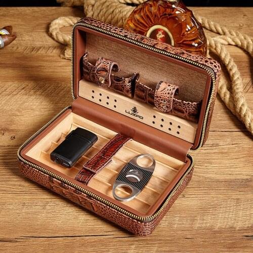 GALINER Travel Humidor Leather Cigar Case W/ Humidity Pack Humidifier Cedar Wood 4 Tube Cigar Humidor Box