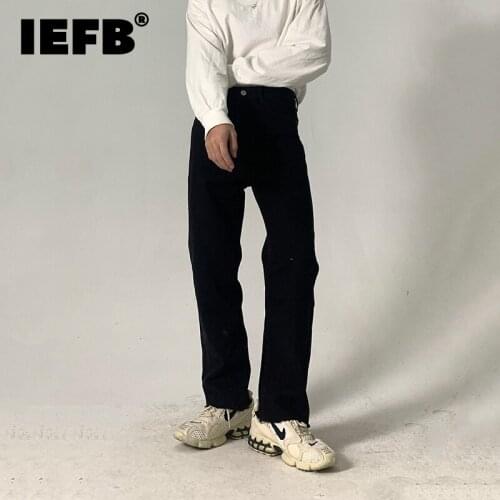 IEFB Korean Ins Wash Black Loose Straight ankle length Pants Cut Design Bottom Blak Jean 2021 New Casual Denim Trousers 9Y8818
