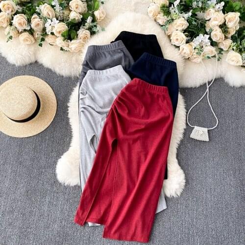 European Four Seasons All-match New High-waisted Pleated Slim Sexy High-slit Solid Color Mid-length Skirts Women Fashion 2021