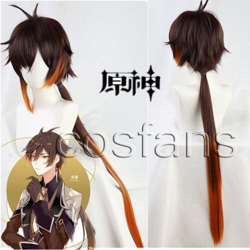 Genshin Impact Zhongli Wig Cosplay Long Straight Gradual Brown Orange Ponytail Heat Resistant 100CM Hair Women Halloween