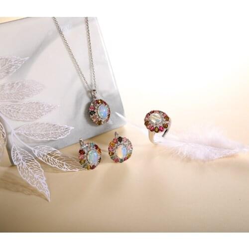 2021 New Luxury Big Opal Ring Earrings Necklace Jewelry Set Natural Tourmaline Party Fine Jewelry For Women Wife Nice Gift
