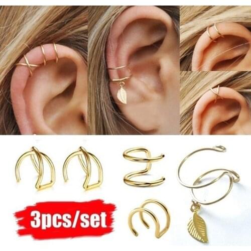 3Pcs/Set Fashion Minimalist Ear Cuff Set No Piercing Criss Cross Leaf Fake Cartilage Earring Simple Women Jewelry Accessories
