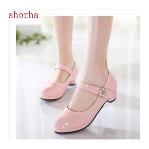 New Children Party Leather Shoes Girls PU Low Heel pearl Flower Kids Shoes For Girls Single Shoes Dance Dress shoe White Pink