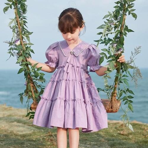 Teen Girls Dress Elegant Puff Sleeves Kids Birthday Dress New Summer Korean Style Child Purple Color Cotton Dress Girls Costumes