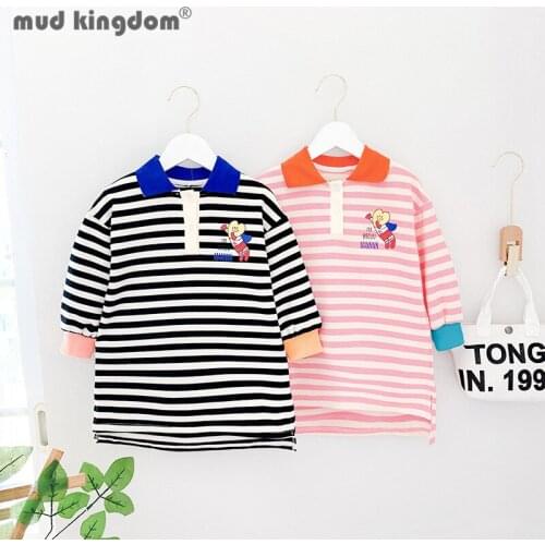 Mudkingdom Girl Polo Dress Stripe Cartoon Long Sleeve Turn-down Collar Sweatshirts Dresses for Toddler Loose Fit Kids Clothes