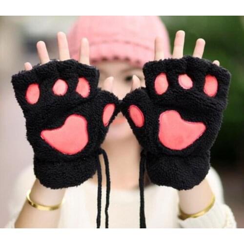 Cute Cat Paw Fluffy Claw Fingerless Gloves Warm Soft Plush Fingerless Panda Glove Half Finger Women Winter Wear Christmas Gifts