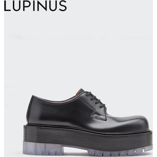 LUPINUS Luxury Brand Black Lace-UP Shoes Woman Jellies Chunky Heel Boots Women Retro Round Toe Leather Shoes Women Single Shoes
