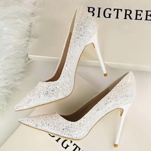 2019 Designer Luxury Women Bling Wedding Shoes Glitter Pumps Female Sexy High Heel Party Gold Sequins Sliver Shoes 9219-1