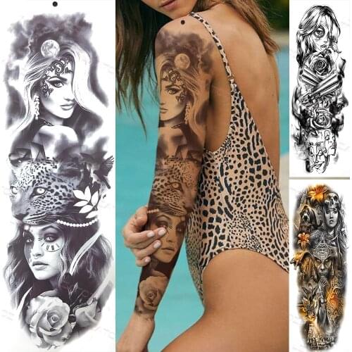 Sexy Lady Leopard Arm Sleeve Temporary Tattoos For Women Men Adult Black Flower Tattoo Sticker Fake Weapon Mask Tatoos Paste