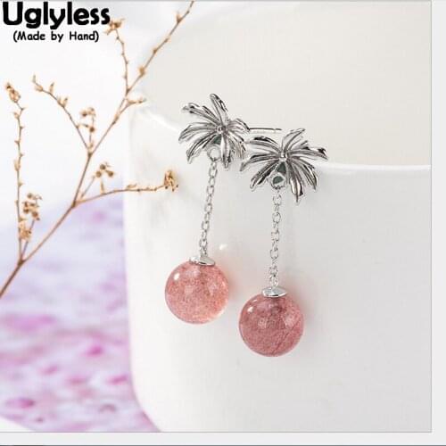 Uglyless Real Thai Silver Handmade Coconut Earrings Women Strawberry Quartz Pink Ball Fine Jewelry Real Solid 925 Silver Bijoux
