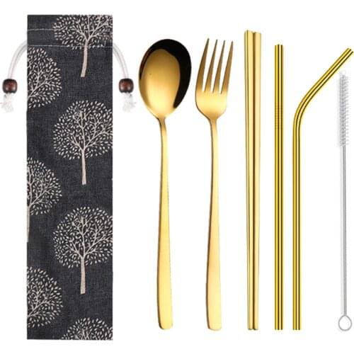 Stainless Steel 5pcs Tableware Set Cutlery Set Fork Spoon Chopstick Straw Dinnerware Set Metal Dinner Set Gift Dinner Service