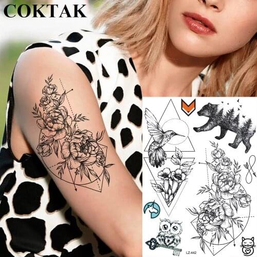 COKTAK Compasses Rose Flower Tattoos Temporary Body Art For Men Women Tatoos Waterproof Geometric Hummingbird 3D Tattoo Stickers
