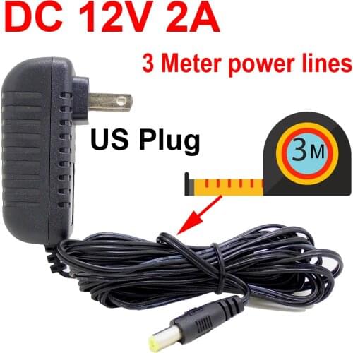 US Power Adapter 3 Meters Charger Plug AC/DC 3M Cable cord for CCTV Camera Power Adapter AC 100-240V DC 12V 2A (2.1mm * 5.5mm)