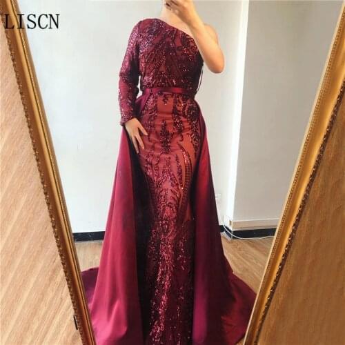 Formal Party Gowns Bling Bling Two Pieces Burgundy Mermaid Evening Dress Sparkly Removable Skirt One Shoulder Classic Sequined