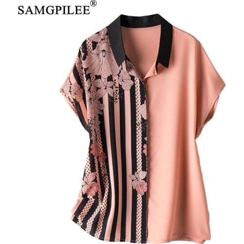 2021 Summer Single-breasted Turn Down Collar Printed Retro Chiffon T Shirt Women Short-sleeved Korean Style T-shirts Oversized