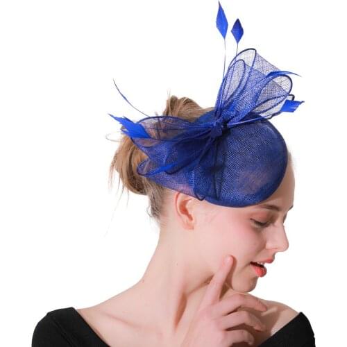 Lady Royal Blue Fascinator Hat With Hair Clip Women Elegant Party Formal Headpiece With Bow Decor Millinery Hair Accessories