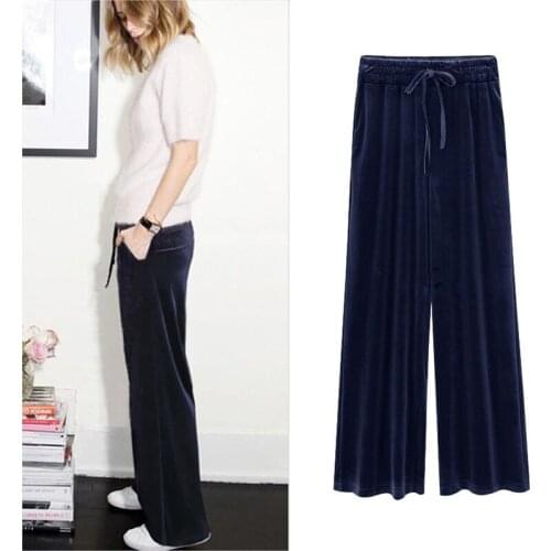 Woman elastic waist gold velvet wide leg pants female loose straight trousers fashion 2020 casual pants autumn winter big size