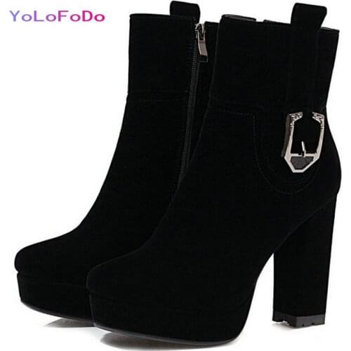 2021 Autumn Winter Women Ankle Boots Platform Square High Heel Ladies Short Boots Faux Suede High Quality Womens Boots Big Size