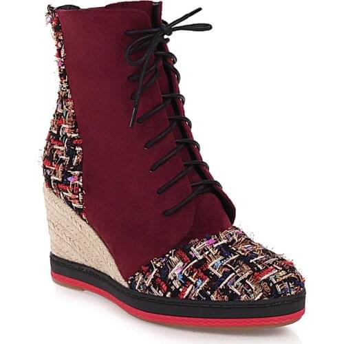 Wedge Heel Microfiber Stitching Flock Pattern Ankle Flat-Bottomed Cross-Lace Plush Womens Boots Woven Striped Womens Shoes