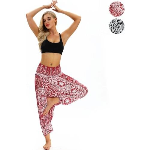 2021 New Women Casual Boho Print Pants Wide Leg Pants Loose Pocket Button Harem Pants Sport Fitness Woman Workout Yoga Pants