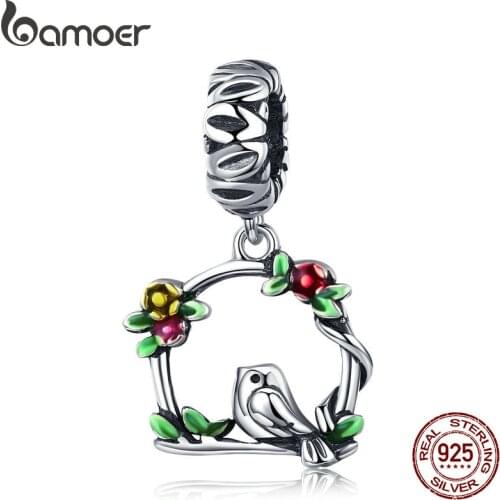 BAMOER New Arrival 100% 925 Sterling Silver Herald Of Spring Bird Cage Pendant Charm fit Women Bracelet DIY Jewelry Gift SCC645