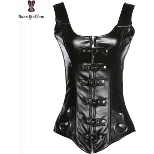 Faux Leather Corset Top Shoulder Strap Plus Size Corselet Black Zipper Buckled Bustier Overbust Korset Women Steampunk Intimates