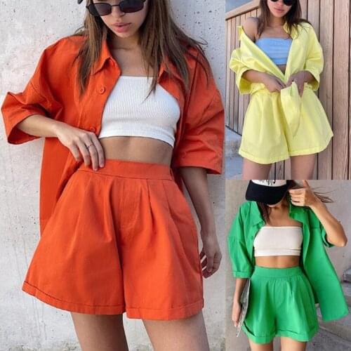 IMCUTE 3PCS Womens Casual Suit Solid Color Lapel Long Sleeve Button Shirt+Womens Elastic Waist Shorts Street Slim Sports Suit