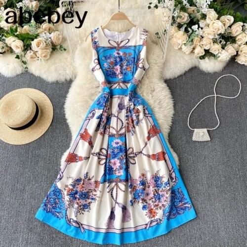 Women Floral Dress Retro O Neck Sleeveless A Line Dress Summer Boho Print Beach Long Dress
