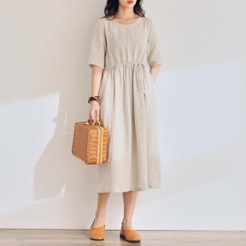 Women Summer Simple Half Sleeve Linen Waisted Dress Ladies Vintage Flax Dresses Female 2021 Dress