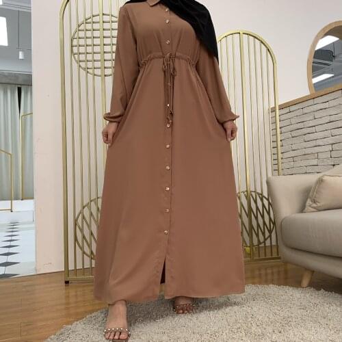2021 New Hijab Fashionable Muslim Lapel Full Button Slim Skirt Solid Color Abaya Dubai 2021 Turkish Dress Prayer Beads Islamic