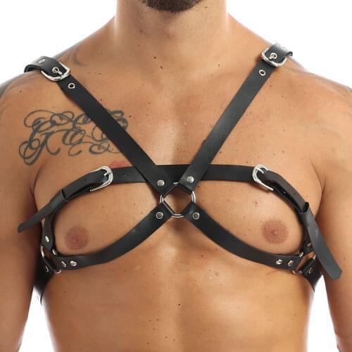 Black Mens Punk Gothic Metal O-Ring Haler Body Shoulder Chest Belt Adjustable Buckle PU Leather Harness Fashionable Accessories