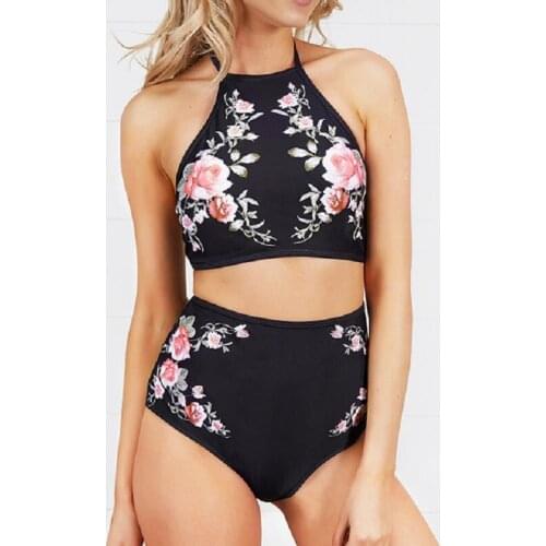 Black Vintage Women High Waist Sexy Two Piece Halter Floral Print Bandage Swimsuits Plus Size Push Up Bathing Suit M11934