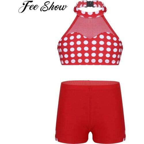 Kids Teens Halter Polka Dots Mesh Splice Ballet Gymnastics Crop Top with Shorts Sports Set Children Girls Dance Costumes