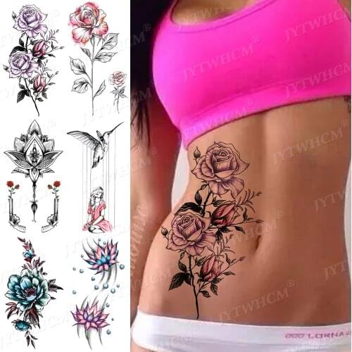 Sexy Rose Flower Tattoo Stickers Fashion Woman Tattoos Realistic Fake Temporary Tattoos Sketch Waterproof Body Makeup Art Tattos