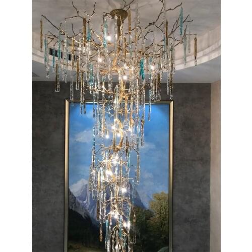 Italian villa living room glass copper crystal chandelier French style light luxury duplex stairwell long chandelier