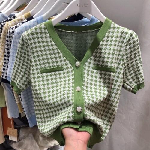 New Women Fashion V Neck Plaid cardiganPrint Jacquard Short Knitted Sweater Female Chic Puff Sleeve Cardigans Crop Tops