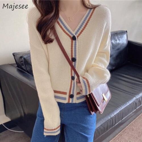 Women Cardigans Autumn New V-neck Loose Long Sleeve Patchwork Sweet Girls Korean Style All-match Tops Harajuku Knitting Sweaters