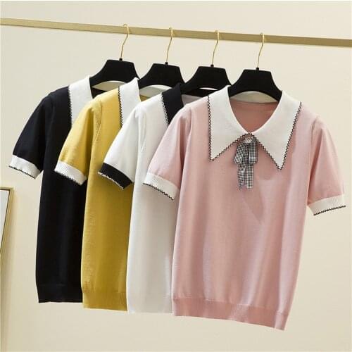 Korean Fashion Bow Women T-Shirt Turn-Down Collar Knitted Tee Shirt Female Summer Short Sleeve Sweet Style Tshirt Woman Clothes