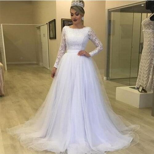 Lace Long Sleeves Wedding Dresses 2021 Scoop Neck Backless A Line Tulle Bridal Wedding Gowns Simple Vestido de Noiva