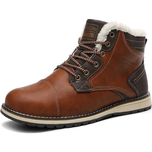 2021Leather Winter Men Boots Waterproof Warm Fur Snow Boots Men Outdoor Winter Work Casual Shoes Military Combat Ankle Boots