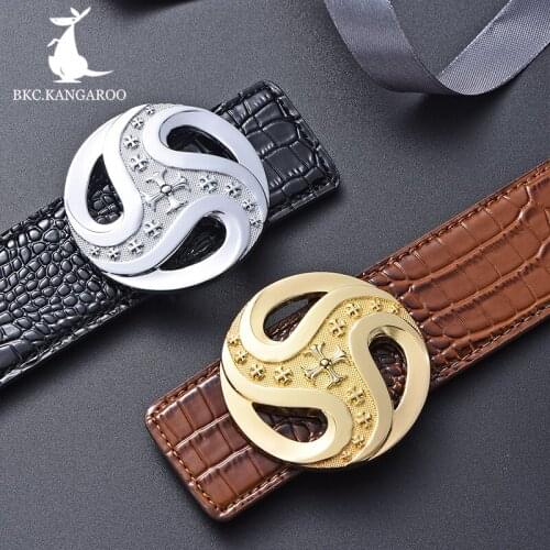 BKC.KANGAROO luxury brand male genuine leather strap belts for men top quality belt smooth buckle black casual belts Gift