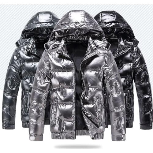 2021 New Bright Leather Men Thicken Warm Winter Jacket Casual Parka Outwear Waterproof Stand Collar Hooded Coat Clothing