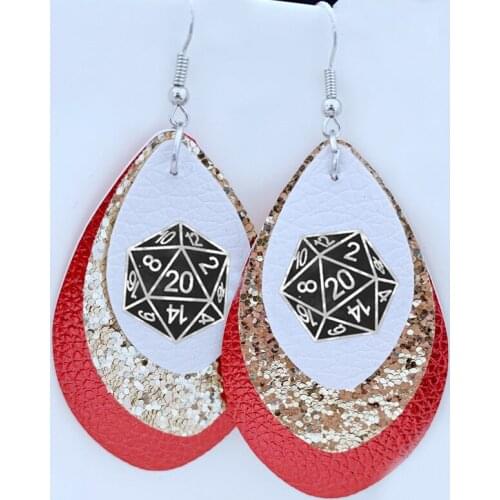 New!Endless Dice D20 Printed Striped Leather Earrings Glitter Double Layer Teardrop Earrings Make Your Order