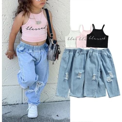 Toddler Girls Clothes Blessed Crop Tops for Girls+ Girls Jeans Pants with Pockets, 2PCS Girl Outfits Set