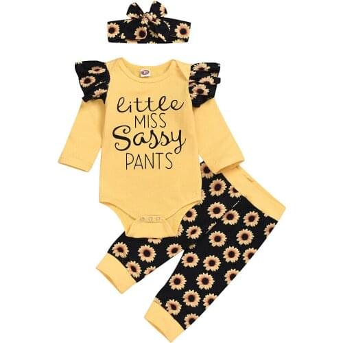Infant Baby Kid Girls Sunflower Clothes Sets Long Sleeve Romper Pants Headband Cotton Autumn Clothes Sets