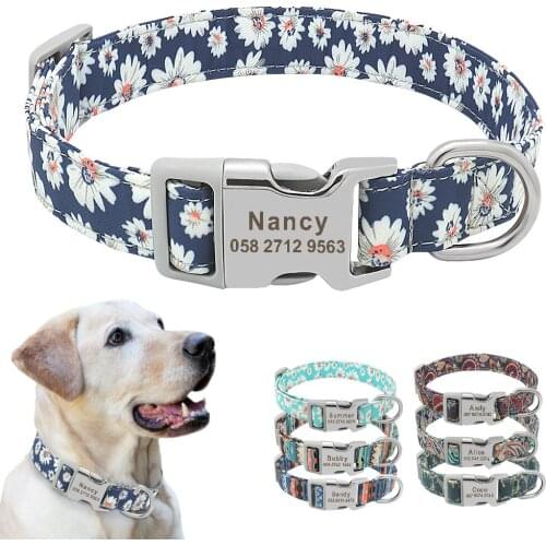 Custom Dog Collar Nylon Floral Engraved Pet Puppy Collar Print Personalized Name Collars for Small Medium Large Dogs Pitbull