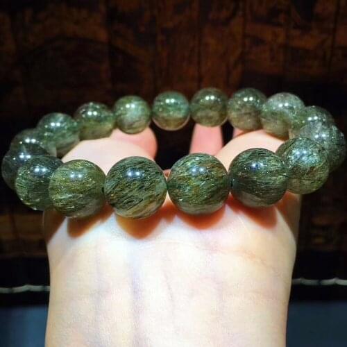 Genuine Natural Green Rutilated Quartz Cat Eye 12.5mm Women Femme Charm Stretch Round Beads Crystal Bracelet AAAAA Certificate