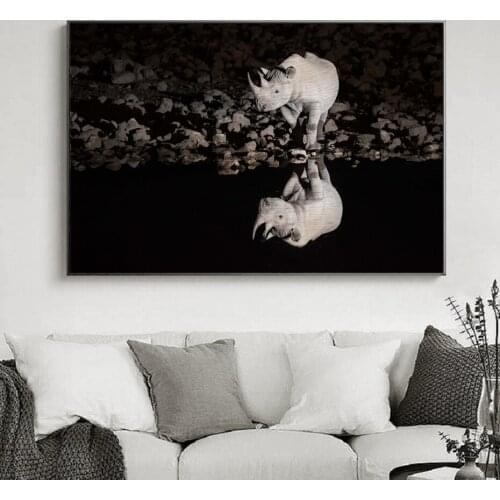 Rhinoceros Reflection Wildlife Animals Black White Canvas Paintings Animals Posters Prints Wall Pictures Living Room Home Decor