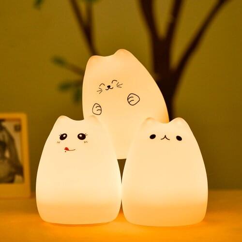 Christmas Gift Light Mini Cute Cartoon Cat Shaped Pat Light Bedroom Lamp Soft Silicone Rechargeable Night Light for Kids