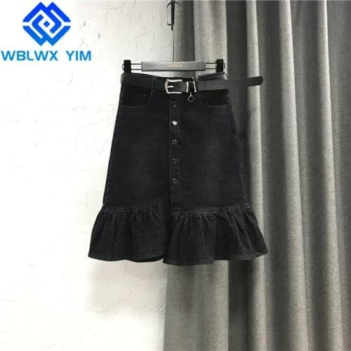 High Waist Denim Skirt Women Fashion Ruffle Spliced Midi length A-Line Skirt Casual Single Breasted Package Jeans Skirts Female